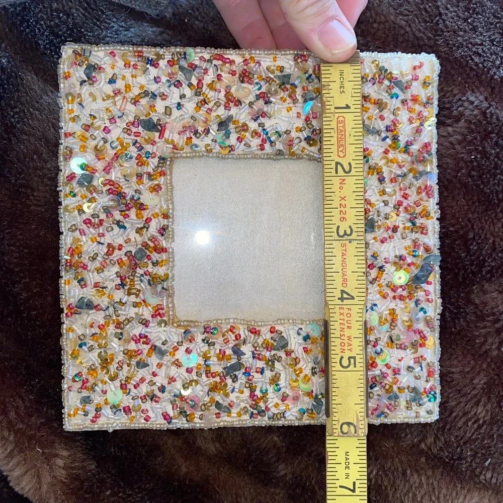 6” Square Beaded &‎ Sequined Cream Fabric Covered Photo Frame